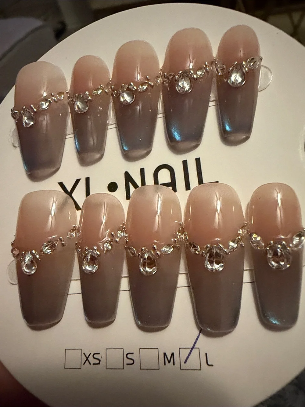 Handmade acrylic Press-On Nail Set with Iridescent Blue Ombre and Rhinestones